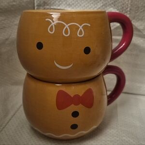 Cute Gingerbread Mug Set with Red Handles